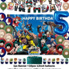 A set of hero-themed birthday party decorations including a backdrop, balloons, cake toppers, and a number balloon.