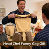 A man wearing a funny chef apron is shown, with an inset detail of the apron fabric.