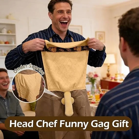 A man wearing a funny chef apron is shown, with an inset detail of the apron fabric.