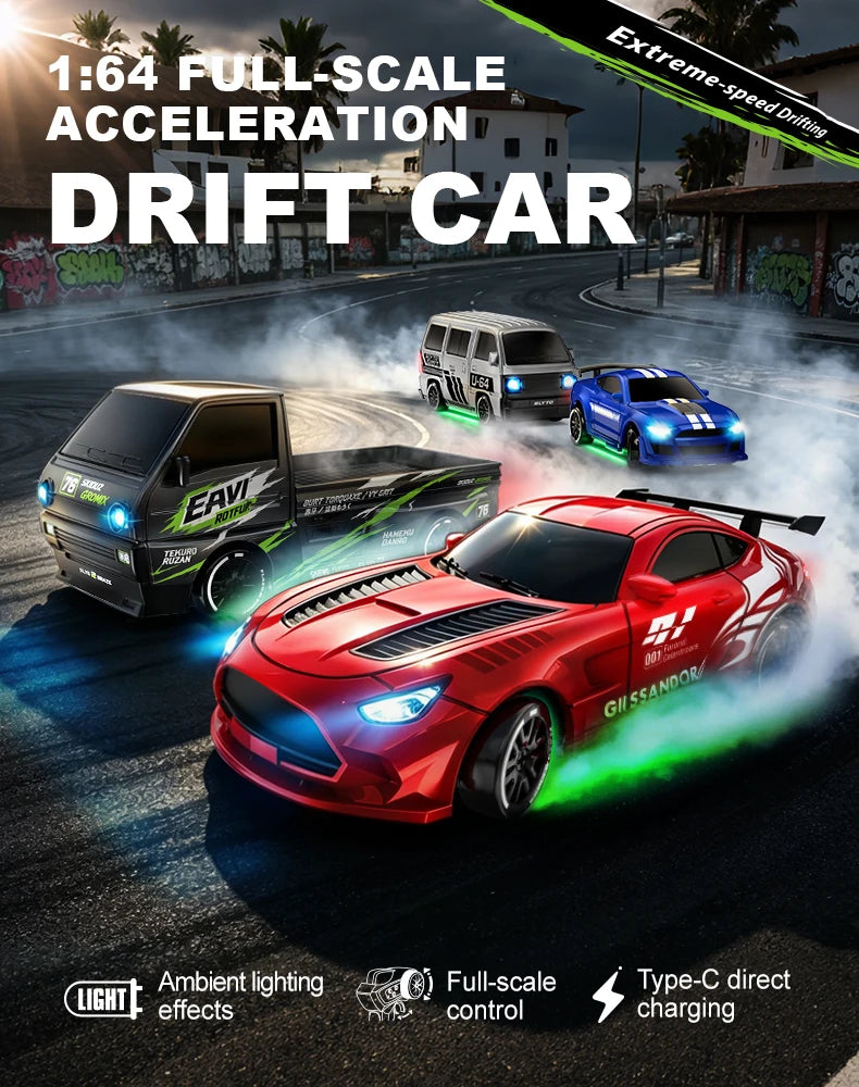 Une voiture de course rouge accélère sur une piste, entourée de fumée de pneus et d'effets d'éclairage dramatiques.