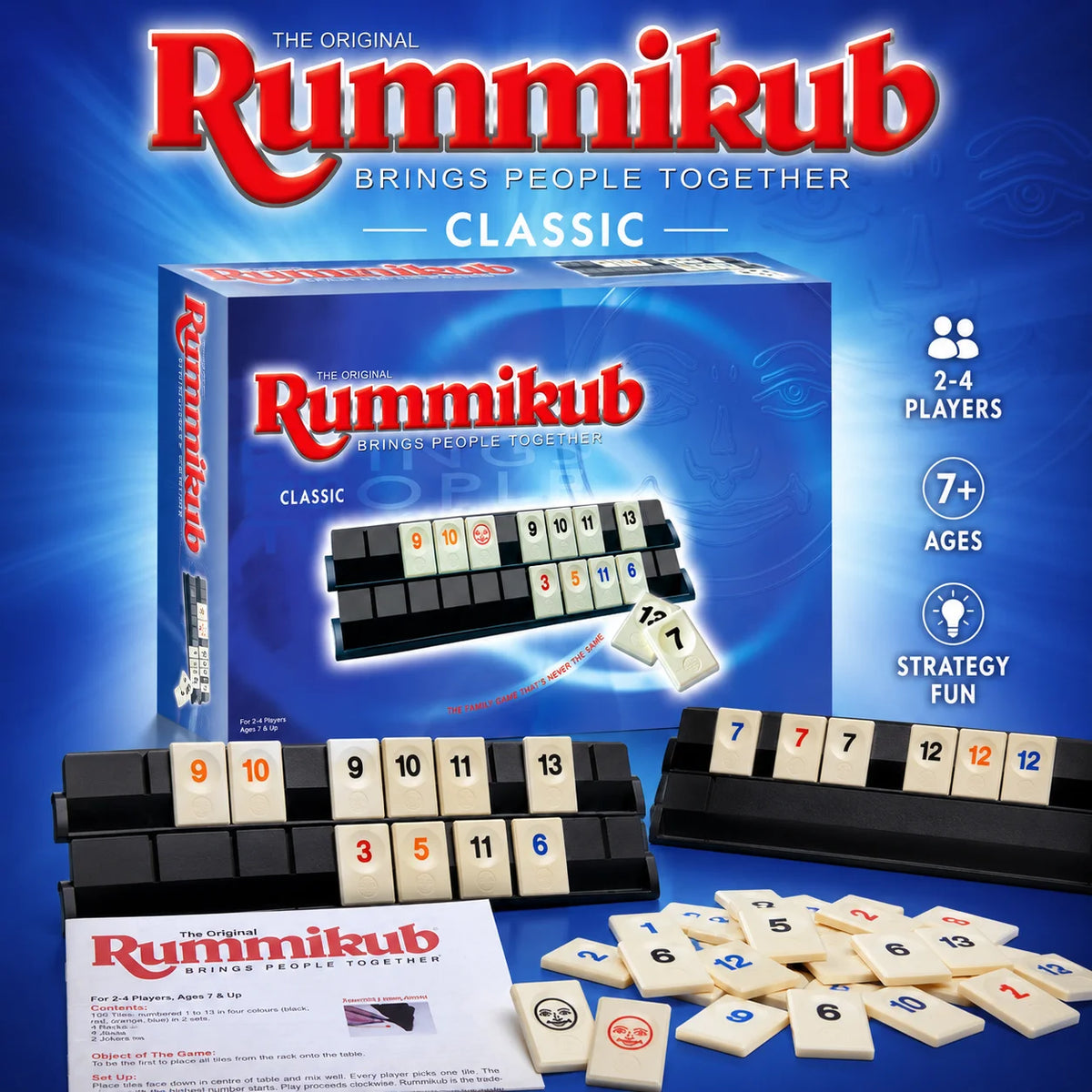 Box and tiles of the classic Rummikub game showing black racks and a rule sheet.