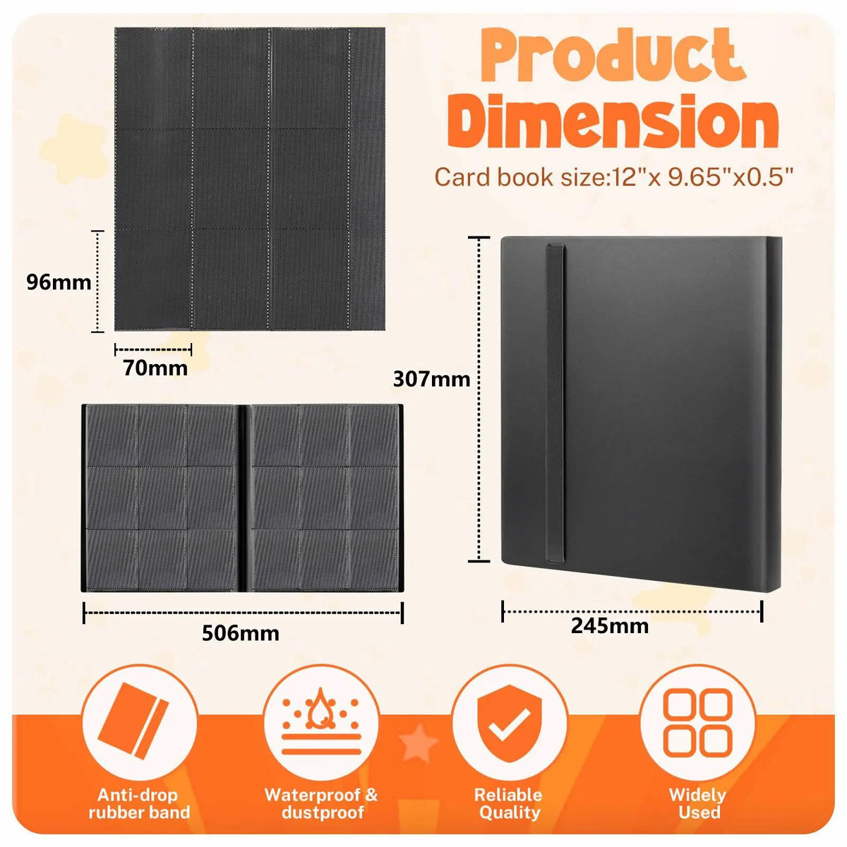 Black card book binder with anti-drop rubber band and waterproof features