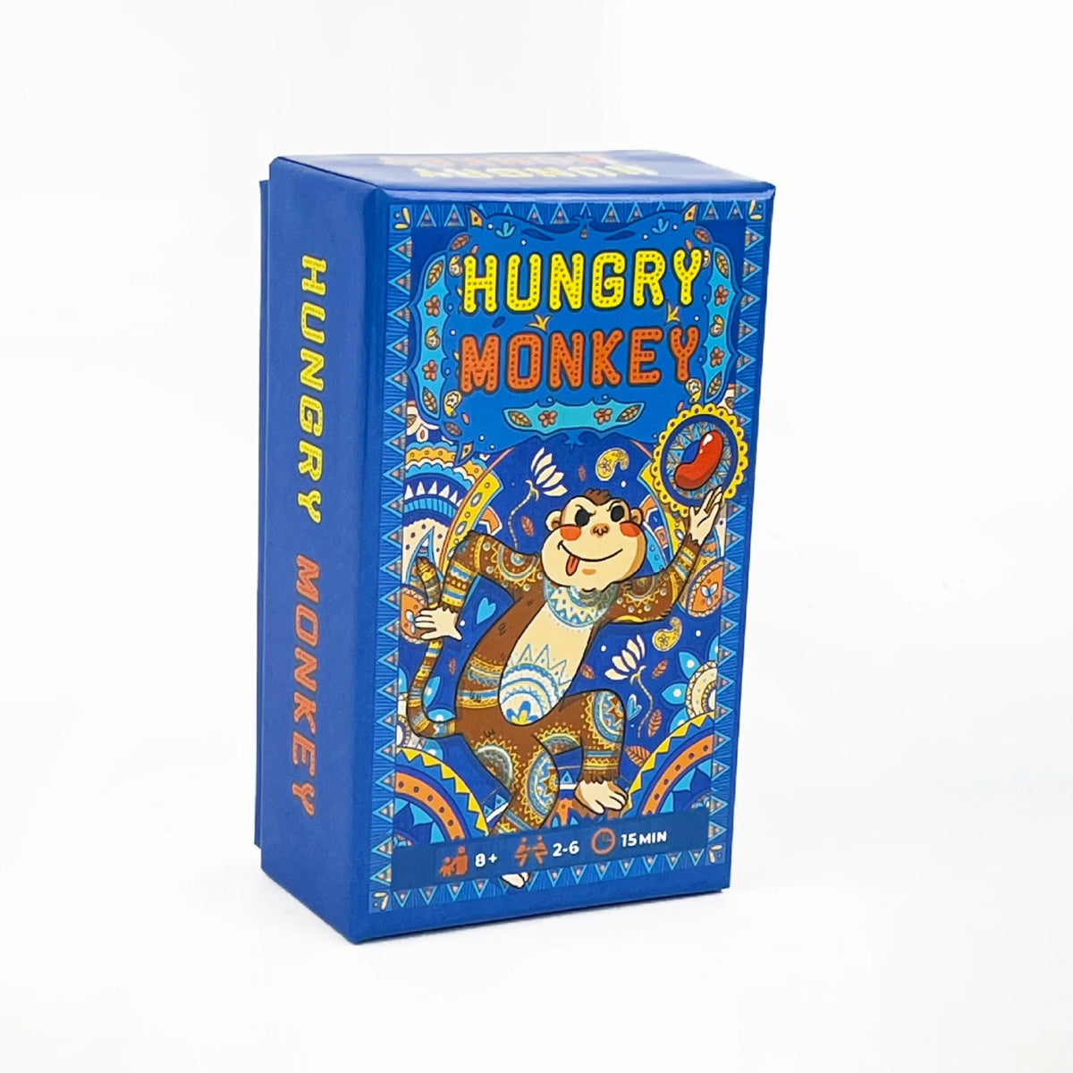 A blue box for the Hungry Monkey card game featuring colorful illustrations of a monkey.