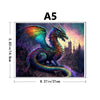 A detailed illustration of a dragon with iridescent scales and wings set against a twilight landscape.