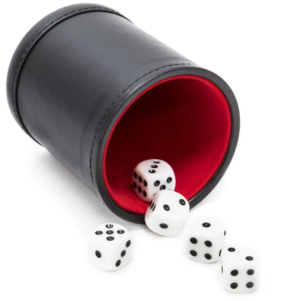 Black leather dice cup with red lining and five white dice