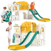 A yellow and white toddler slide and playground playset featuring climbing structures and slides for indoor and outdoor fun.