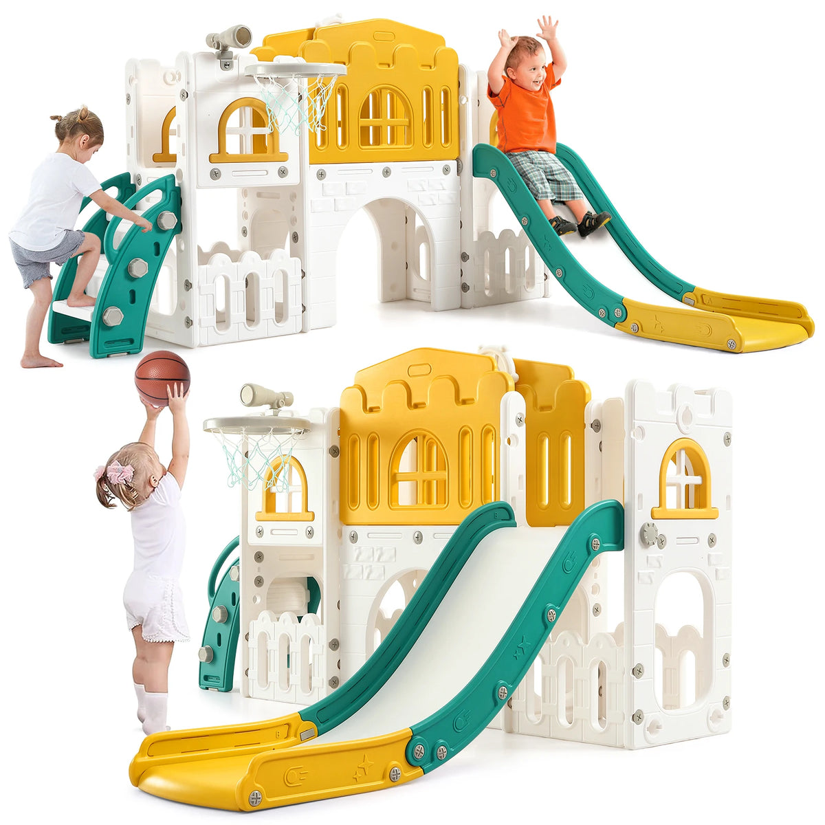 A yellow and white toddler slide and playground playset featuring climbing structures and slides for indoor and outdoor fun.