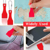 Red plastic lottery scratcher tool or keychain used to scrape cards, shown in various contexts.