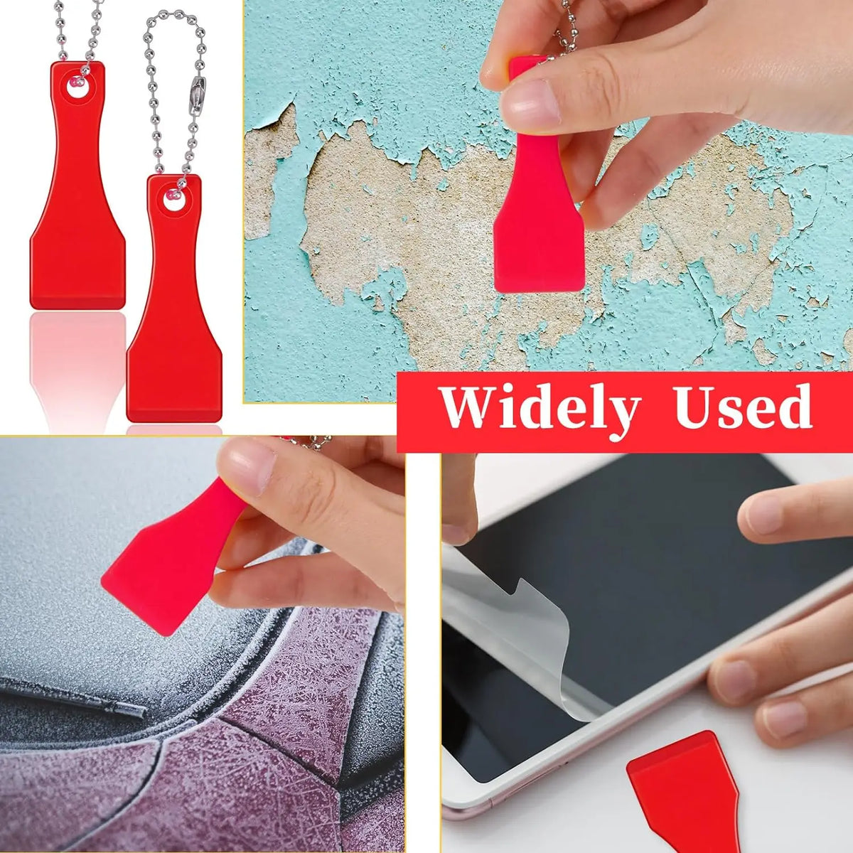 Red plastic lottery scratcher tool or keychain used to scrape cards, shown in various contexts.
