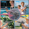 Children are playing outdoors with electric water guns and light-up effects in a backyard setting.