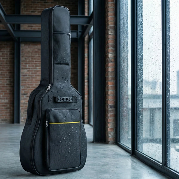 A black waterproof acoustic guitar gig bag standing on a gray floor next to a window.