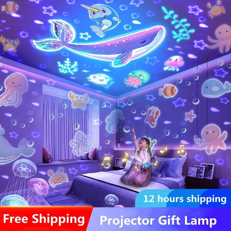 A projector night light featuring a starry sky and rotating galaxy effects illuminating a bedroom.