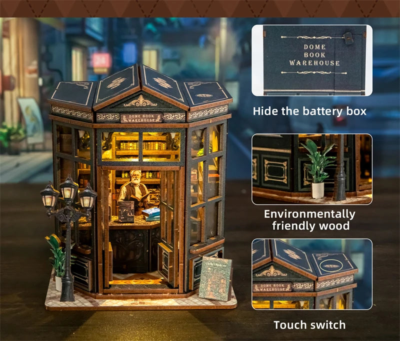 A wooden bookstore book nook kit featuring an illuminated display and a touch switch mechanism.