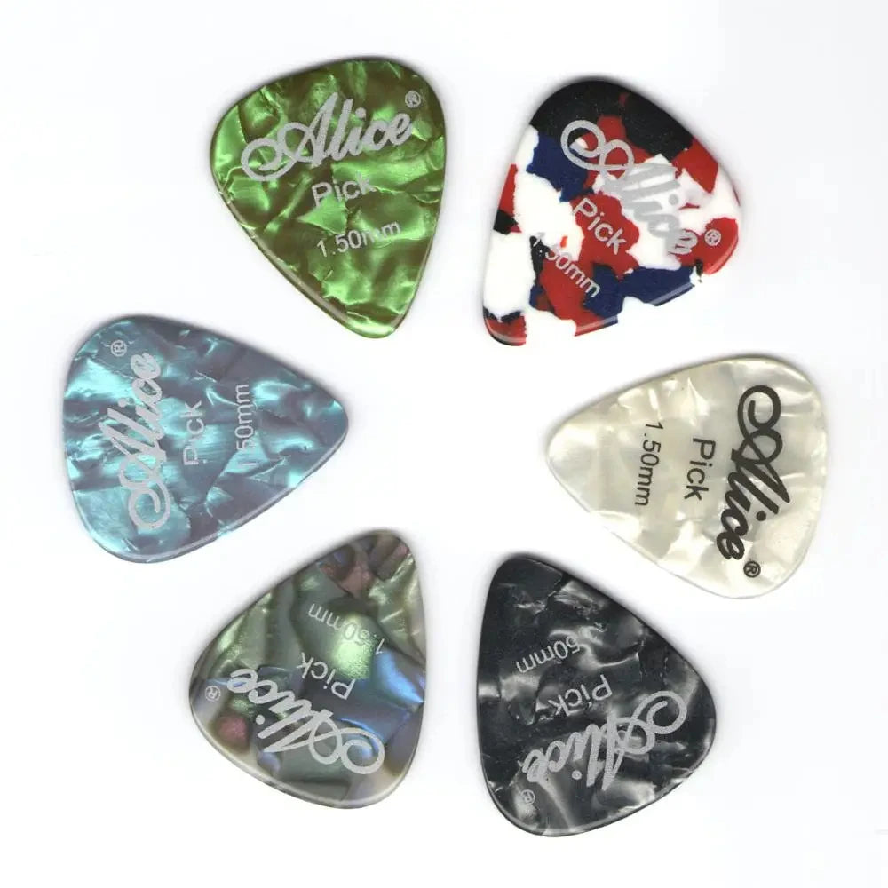 A variety pack of six celluloid guitar picks in different thicknesses and colors.