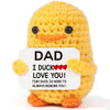 Handmade crochet dad duck love you doll in yellow with orange accents