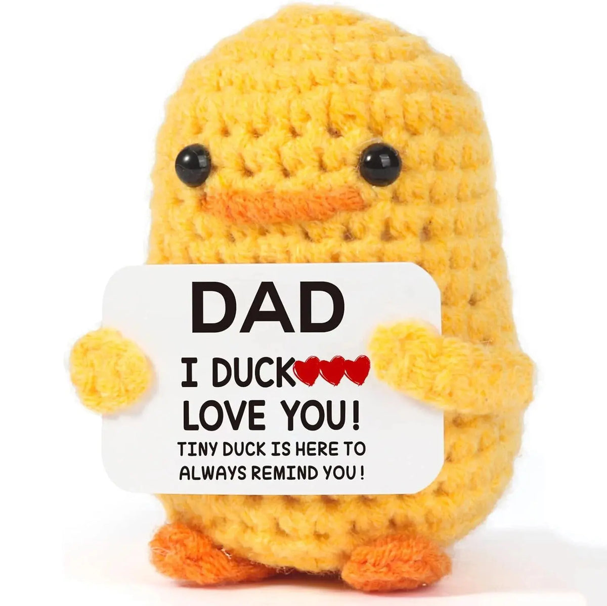 Handmade crochet dad duck love you doll in yellow with orange accents