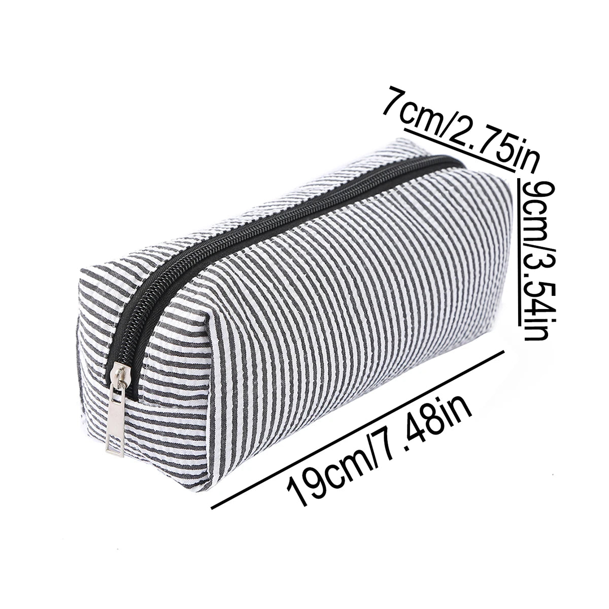 A striped canvas pencil case with a zipper pouch, measuring 19cm long and 9cm high.
