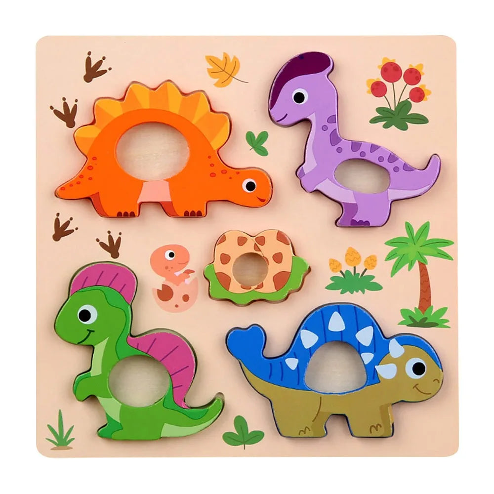A wooden puzzle set featuring various dinosaur and reptile shapes in vibrant colors like orange, purple, green, and yellow.