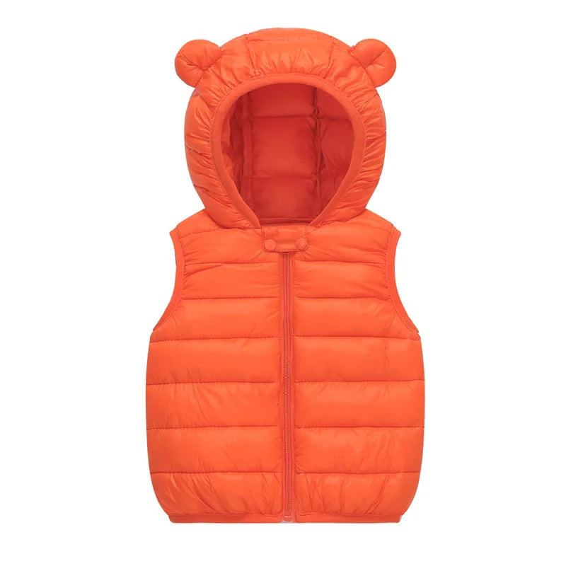 Orange quilted vest for kids with a hood