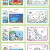 A collection of nine pages featuring various cartoon animals like a stegosaurus, whale, zebra, and lion for children's colori