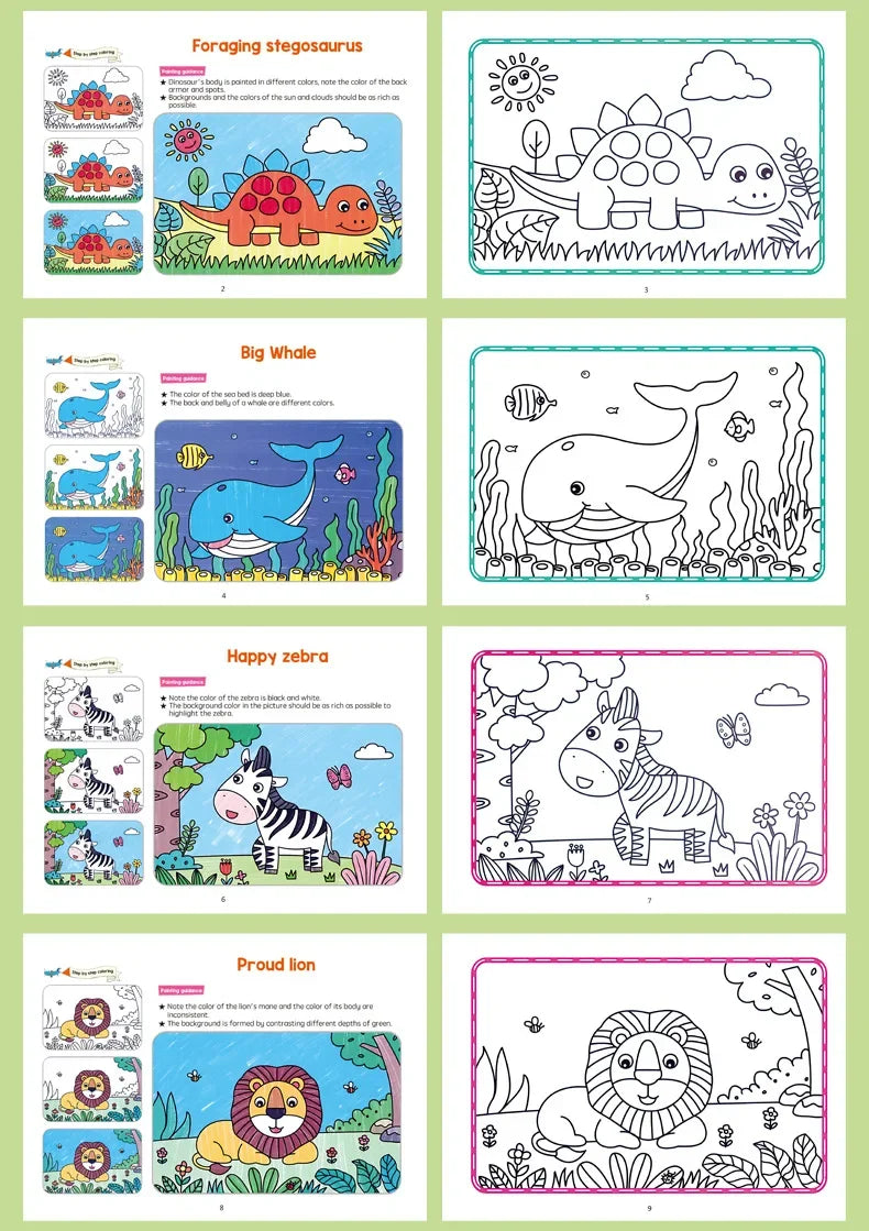 A collection of nine pages featuring various cartoon animals like a stegosaurus, whale, zebra, and lion for children's colori