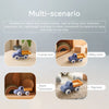 A multi-scenario wooden and silicone car teether toy in blue and orange used in living room, bedroom, and playroom settings.