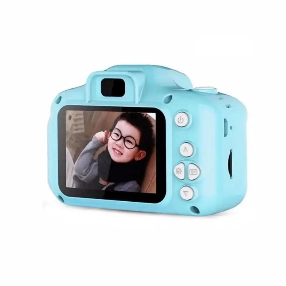 A light blue kids mini digital camera with a selfie lens displaying a child's face.