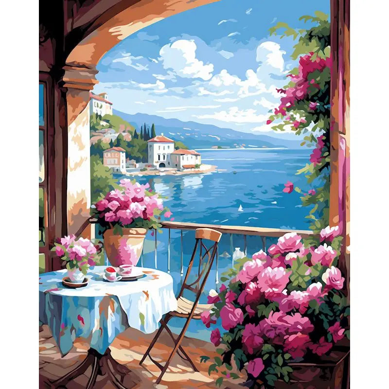A painting of a vibrant landscape featuring pink and purple flowers viewed through an arched window.