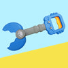 Blue kids beach toy set featuring a crab claw pliers and dinosaur digging tools
