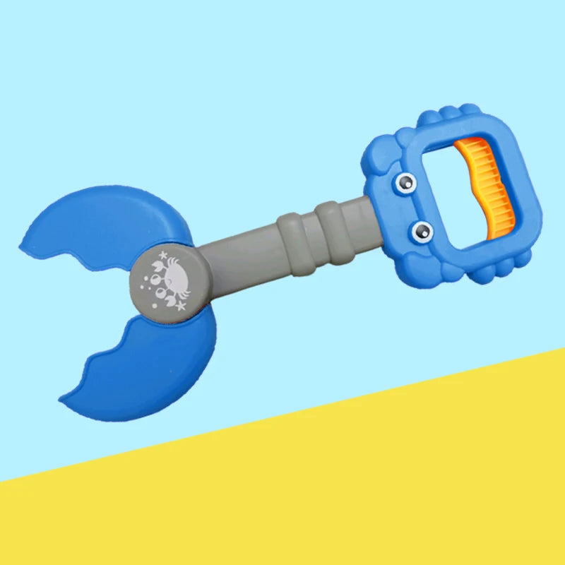 Blue kids beach toy set featuring a crab claw pliers and dinosaur digging tools