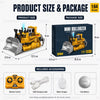 Mini bulldozer model kit showing the product size and package size comparison with accessories