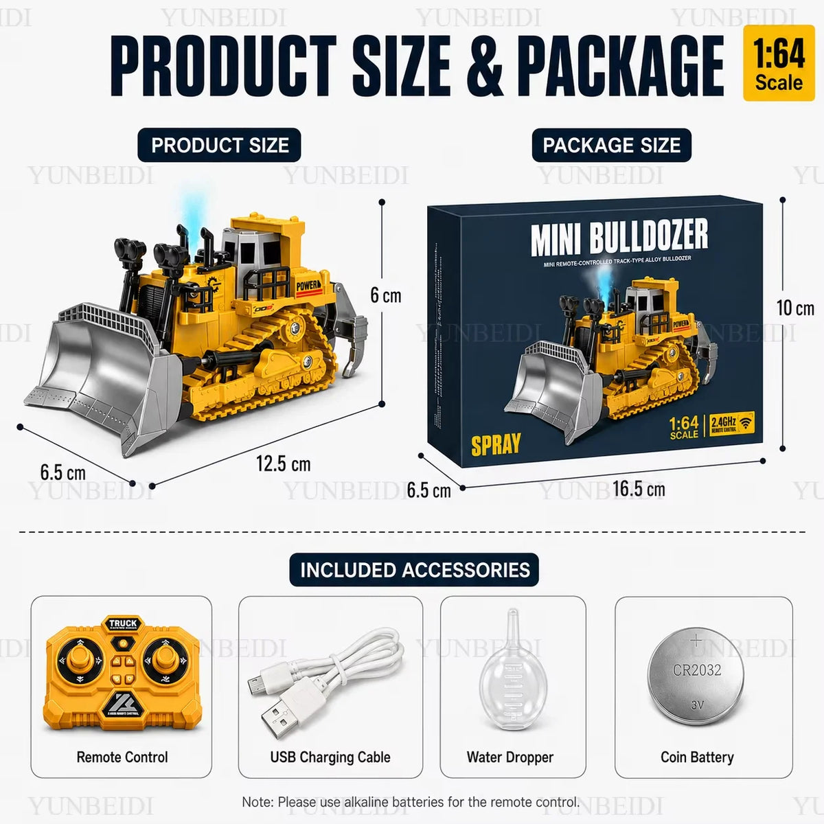 Mini bulldozer model kit showing the product size and package size comparison with accessories