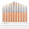 A set of ten round paint brushes with varying sizes and orange handles and black ferrules.