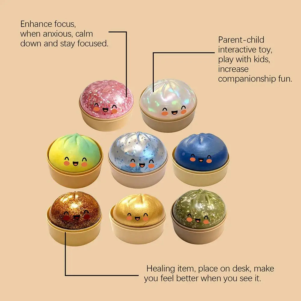 A collection of six glitter slow-rising dumpling stress balls in various colors and a healing item for focus.