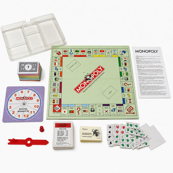 A set of Monopoly board game components including the board, cards, and tokens.