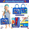 A colorful busy board featuring animals and dinosaurs, with detachable boards for storage stickers.