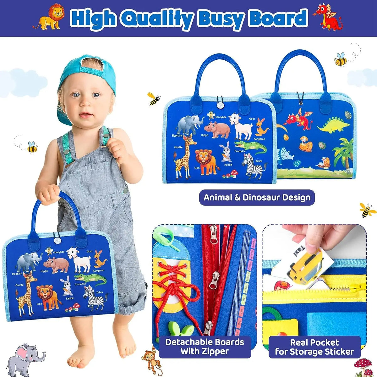 A colorful busy board featuring animals and dinosaurs, with detachable boards for storage stickers.