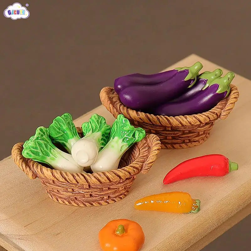 A miniature dollhouse vegetable basket play set filled with colorful bell peppers and a pumpkin.