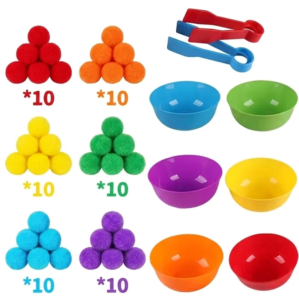 A set of colorful sorting and counting toys including pom-poms, bowls, and tweezers for children.