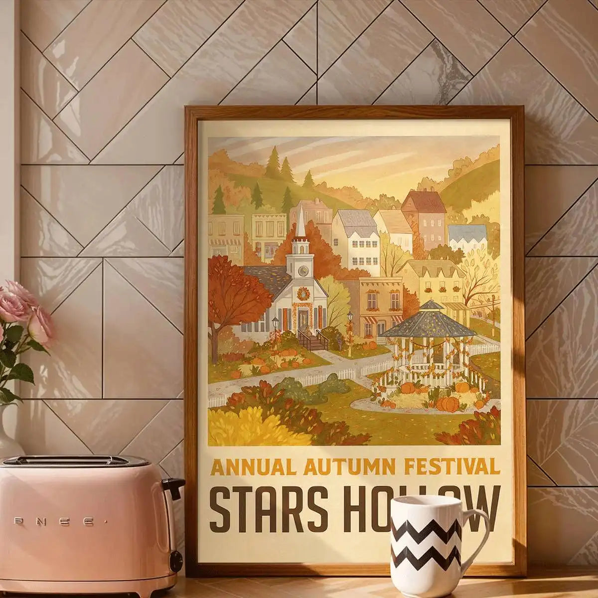 Vintage Autumn Festival Art Print — Cozy Window Scene Wall Decor