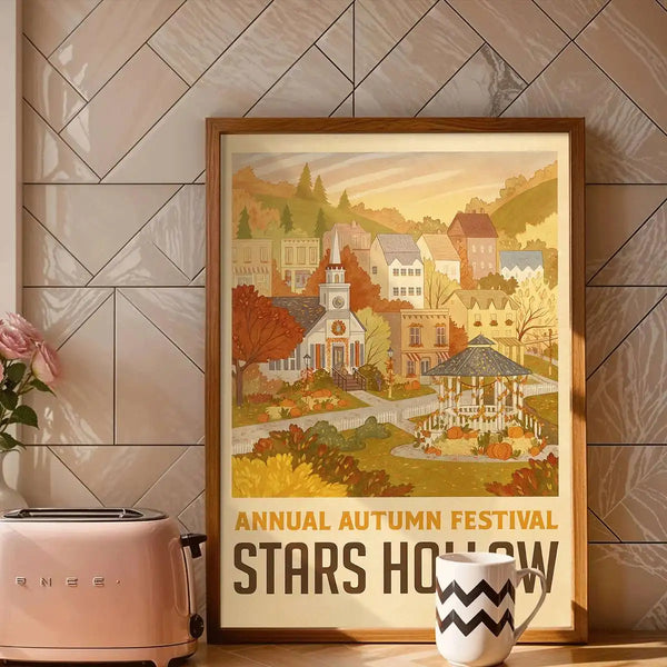 Vintage Autumn Festival Art Print — Cozy Window Scene Wall Decor