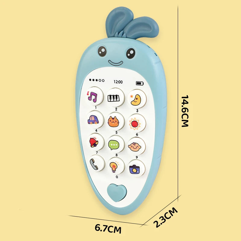 A light blue baby phone toy with a bunny ear design showing various buttons for music sounds and teether functions.