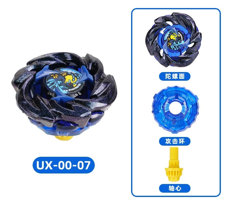 A set of mini gyroscope launchers featuring a black and blue spinning toy with various components.