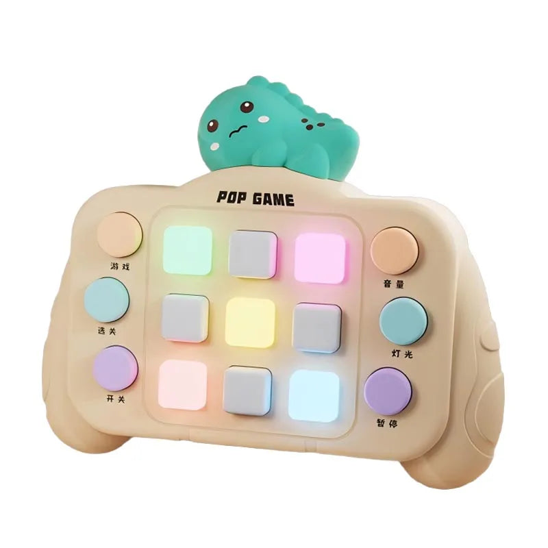 A beige Montessori busy board with light-up switches and a green character topper for toddlers.