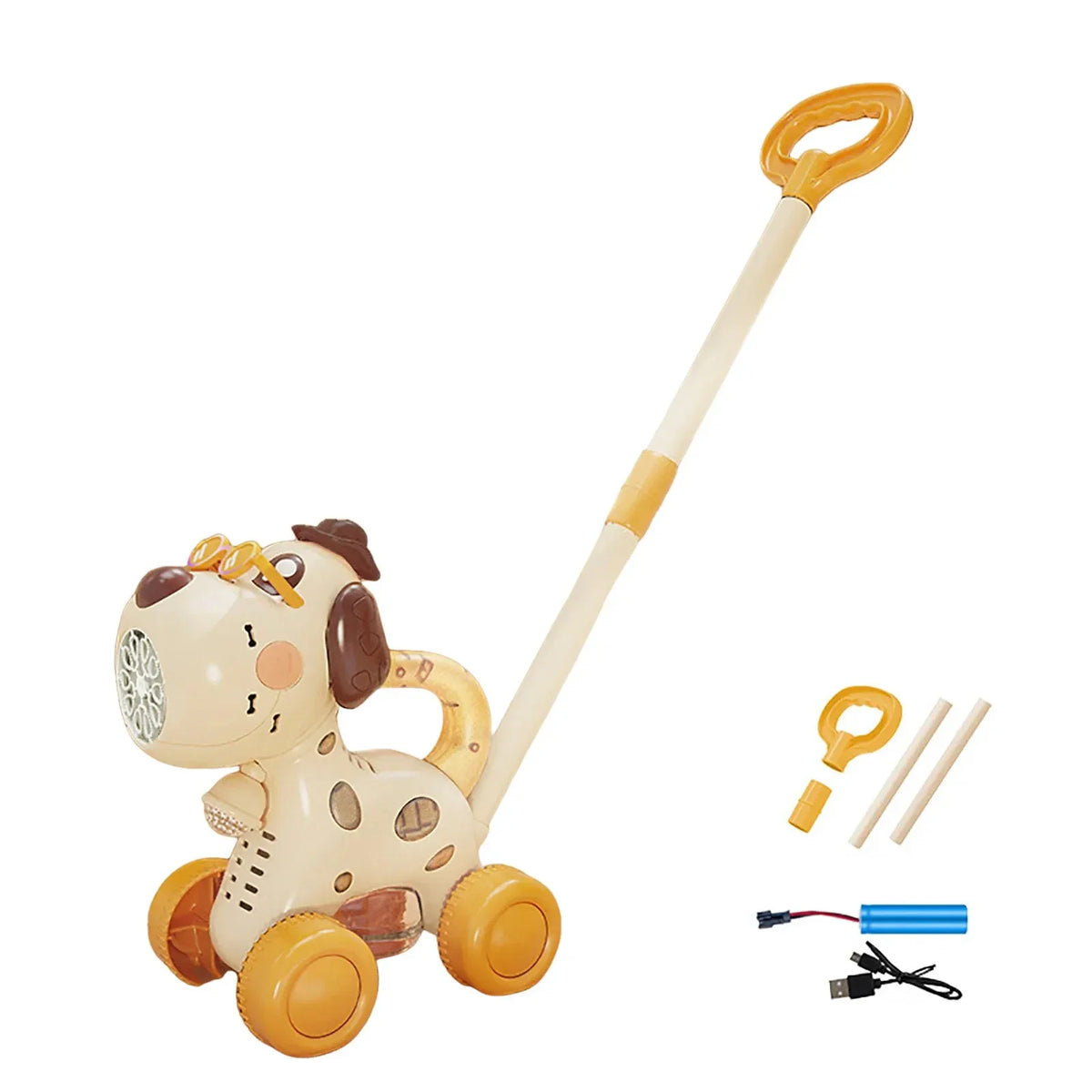A yellow and white stuffed dog toy bubble machine with lights and stable wheels and accessories