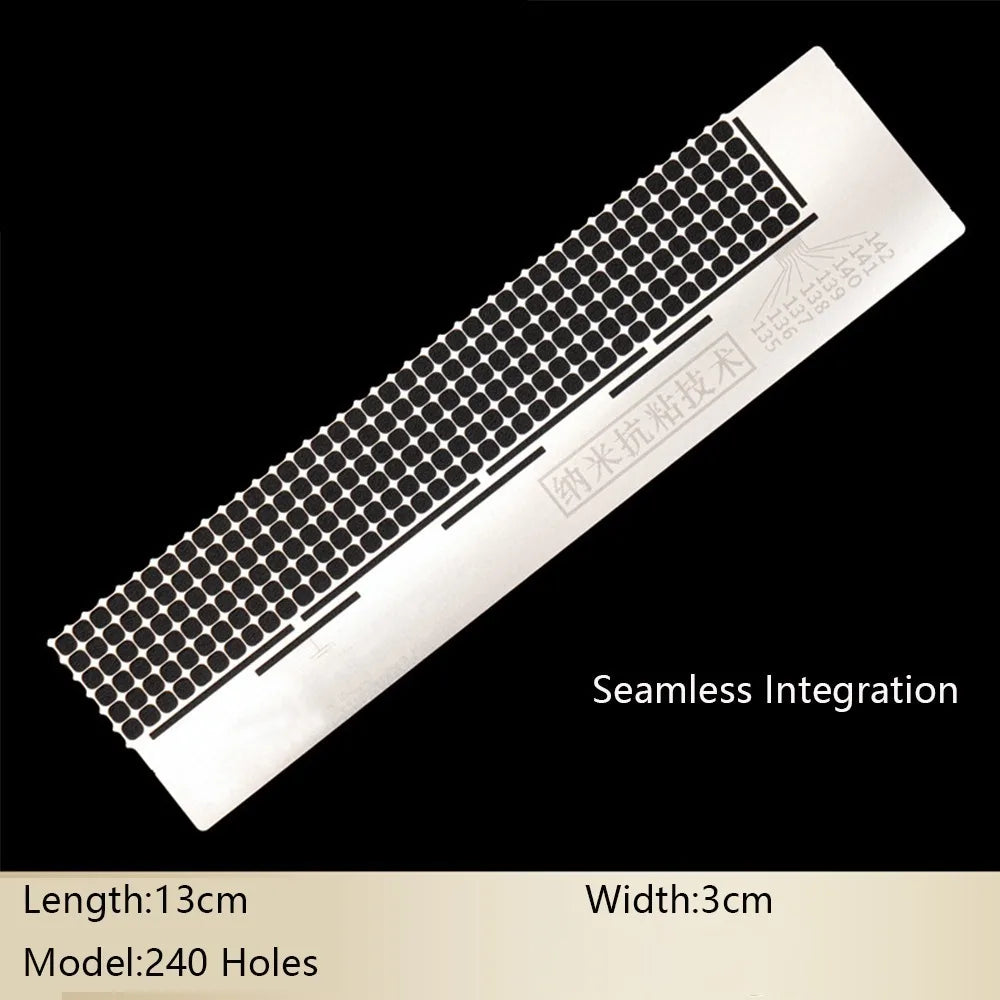 A rectangular stainless steel ruler with 240 holes for diamond painting, shown diagonally against a black background.