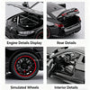 Display of engine details, rear details, simulated wheels, and interior details of a diecast model car.