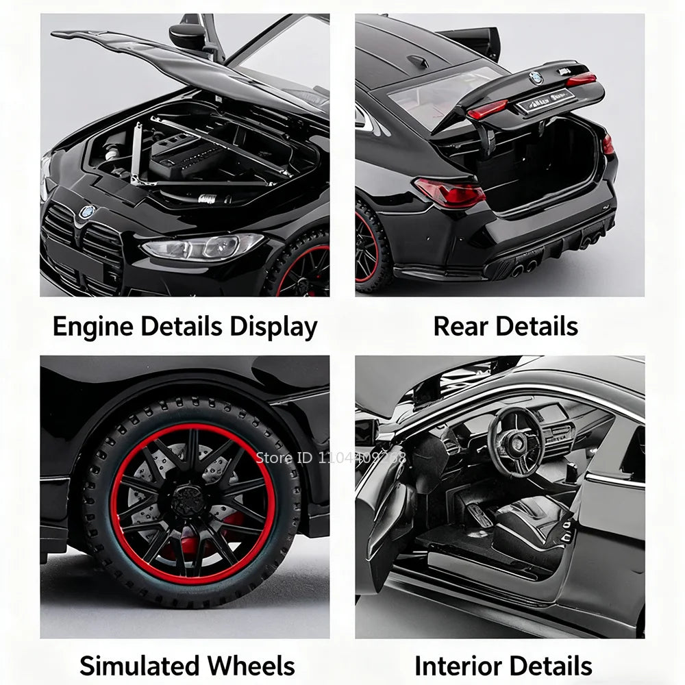 Display of engine details, rear details, simulated wheels, and interior details of a diecast model car.