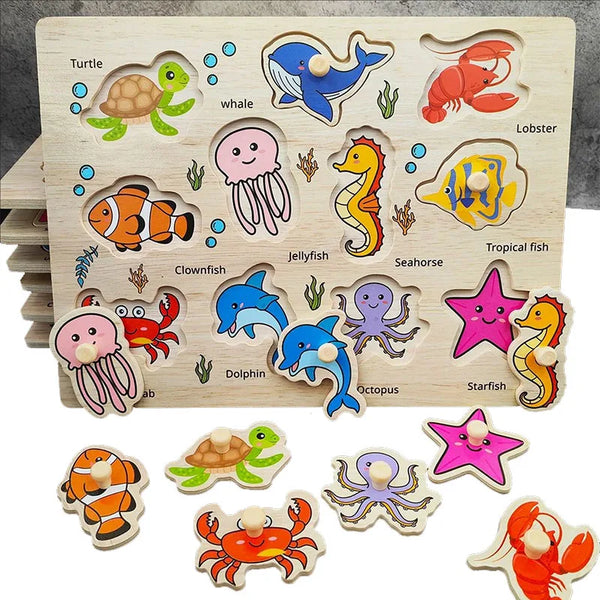 Wooden alphabet puzzles featuring sea creatures like turtles, fish, lobsters, and octopuses for toddlers