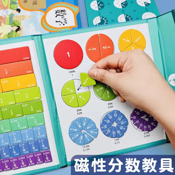 A set of magnetic fraction puzzles showing various fractions like 1/2, 1/4, and 1/8 for math learning.